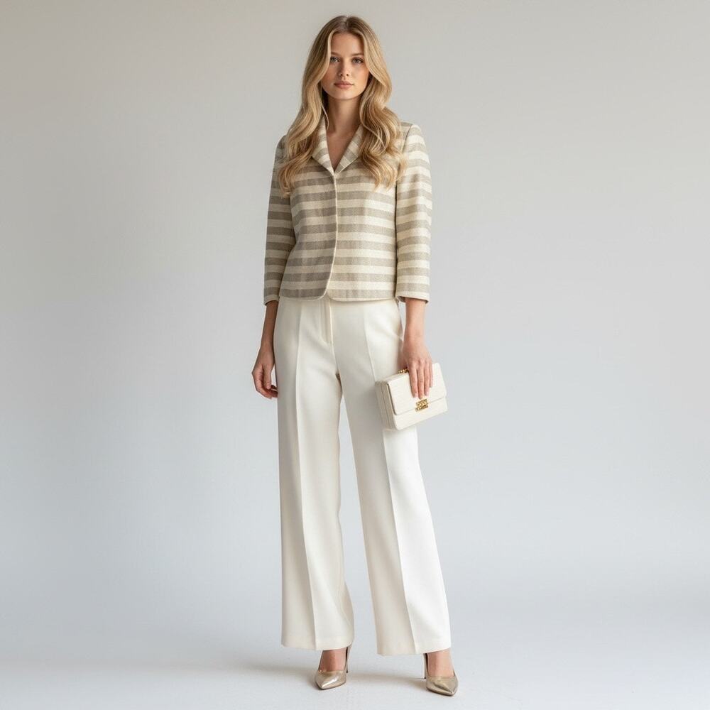 Marella Shimmering Striped Blazer Jacket Cropped 3/4 Sleeve Snap Front Size 4